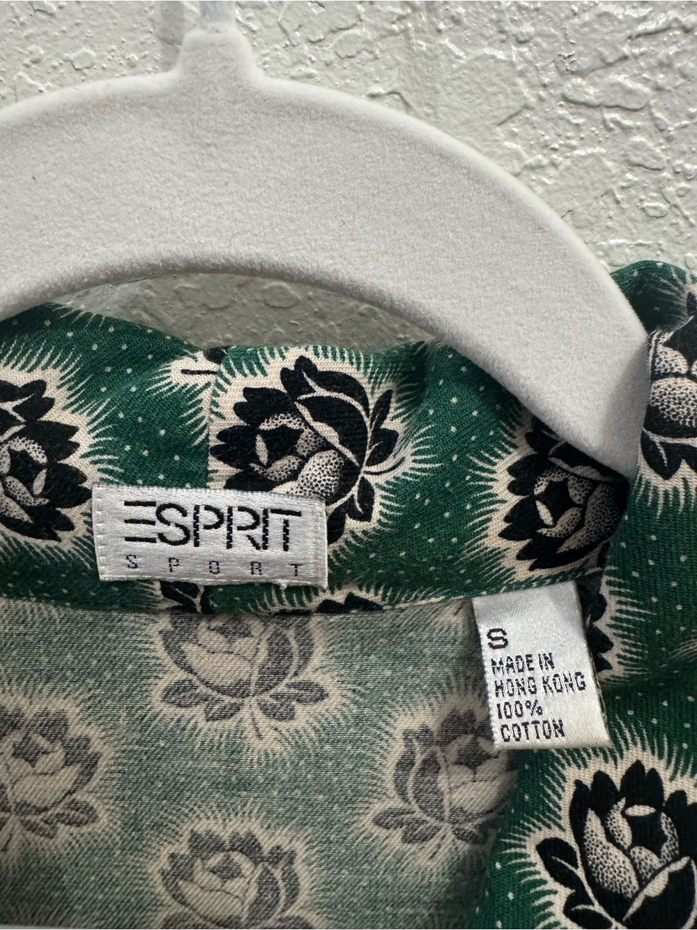 Vintage 80s Esprit Sport Green Blue White Floral Cotton Retro Blouse Women’s S - Picture 3 of 8